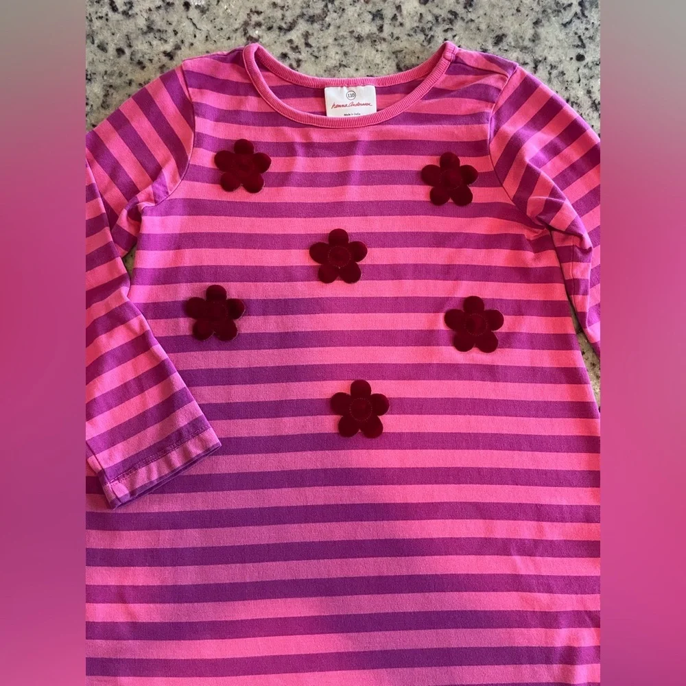 Hanna Andersson Pink and Purple Striped Dress with velvet flowers size 110 4/5T